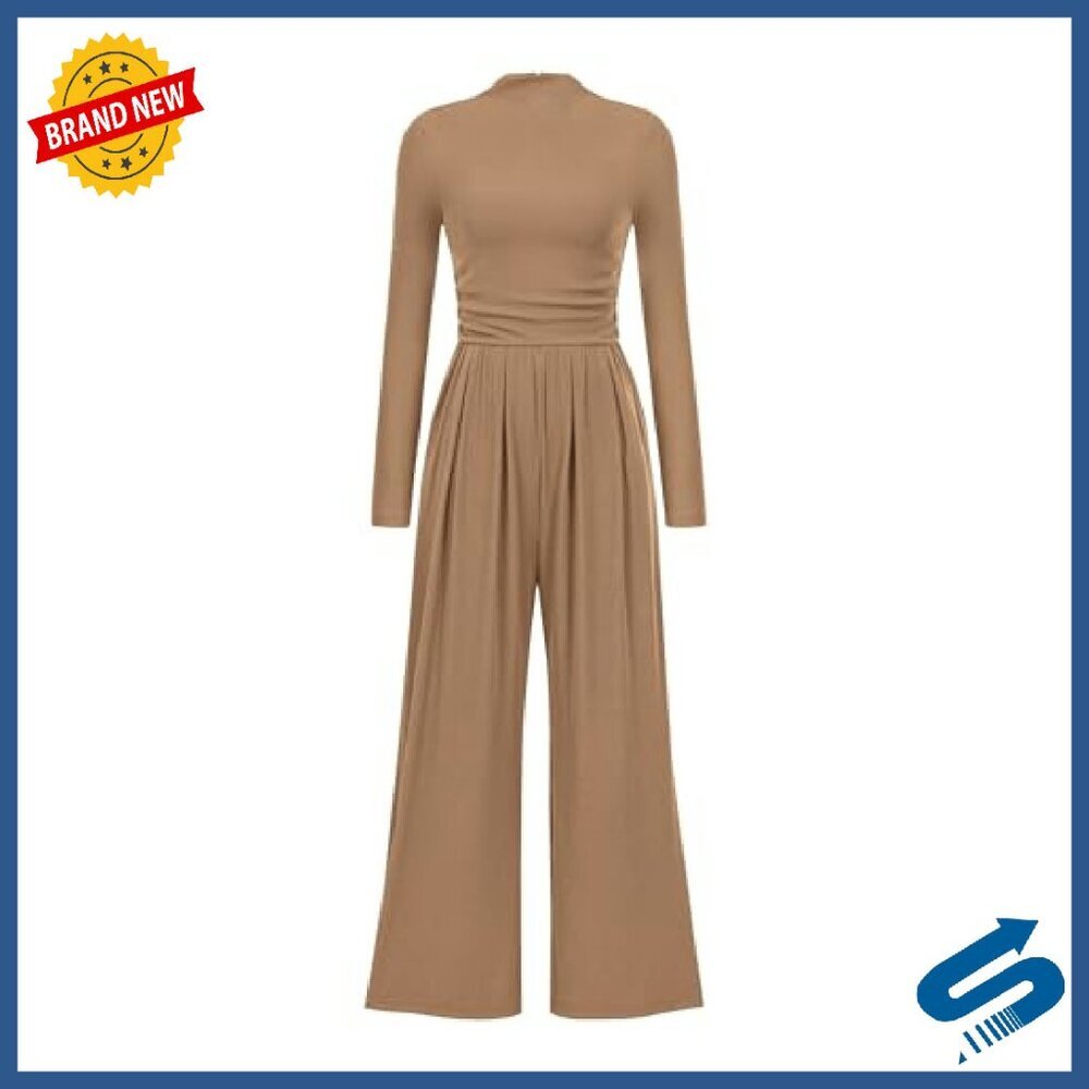 Long Sleeve Mock Neck Jumpsuit Wide Leg Pockets Fall Fashion - Picture 2 of 8